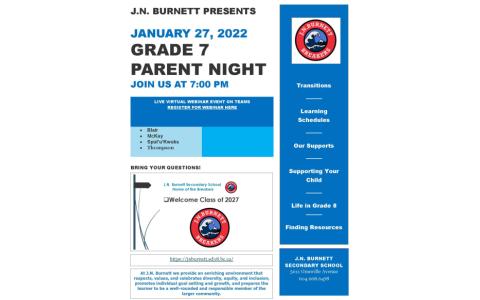 Grade 7 Parent Night January 27th at 7:00 PM 